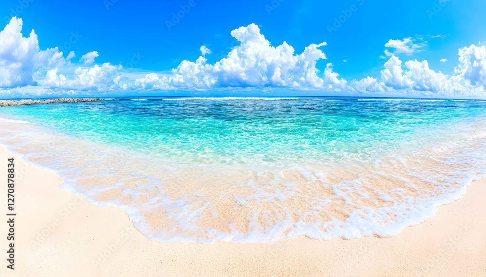 Panorama of a pristine beach with clear water under a partly cloudy, blue sky Panorama of a pristine beach with clear water under a partly cloudy, blue sky