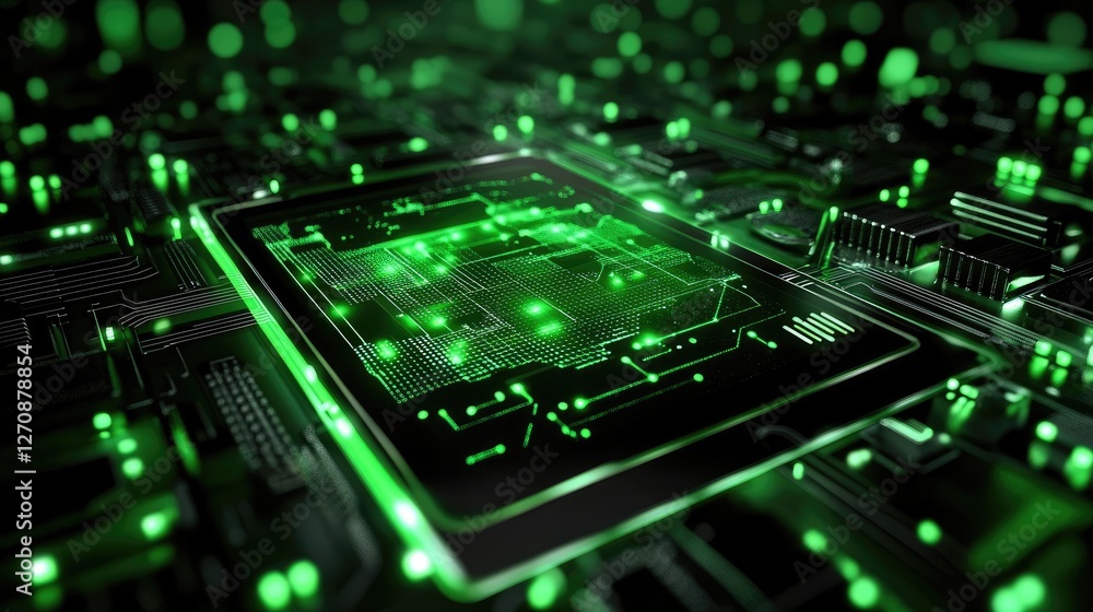 Tablet with a glowing touchscreen, positioned on a green background, representing interactive digital devices Tablet with a glowing touchscreen, positioned on a green background, representing interactive digital devices