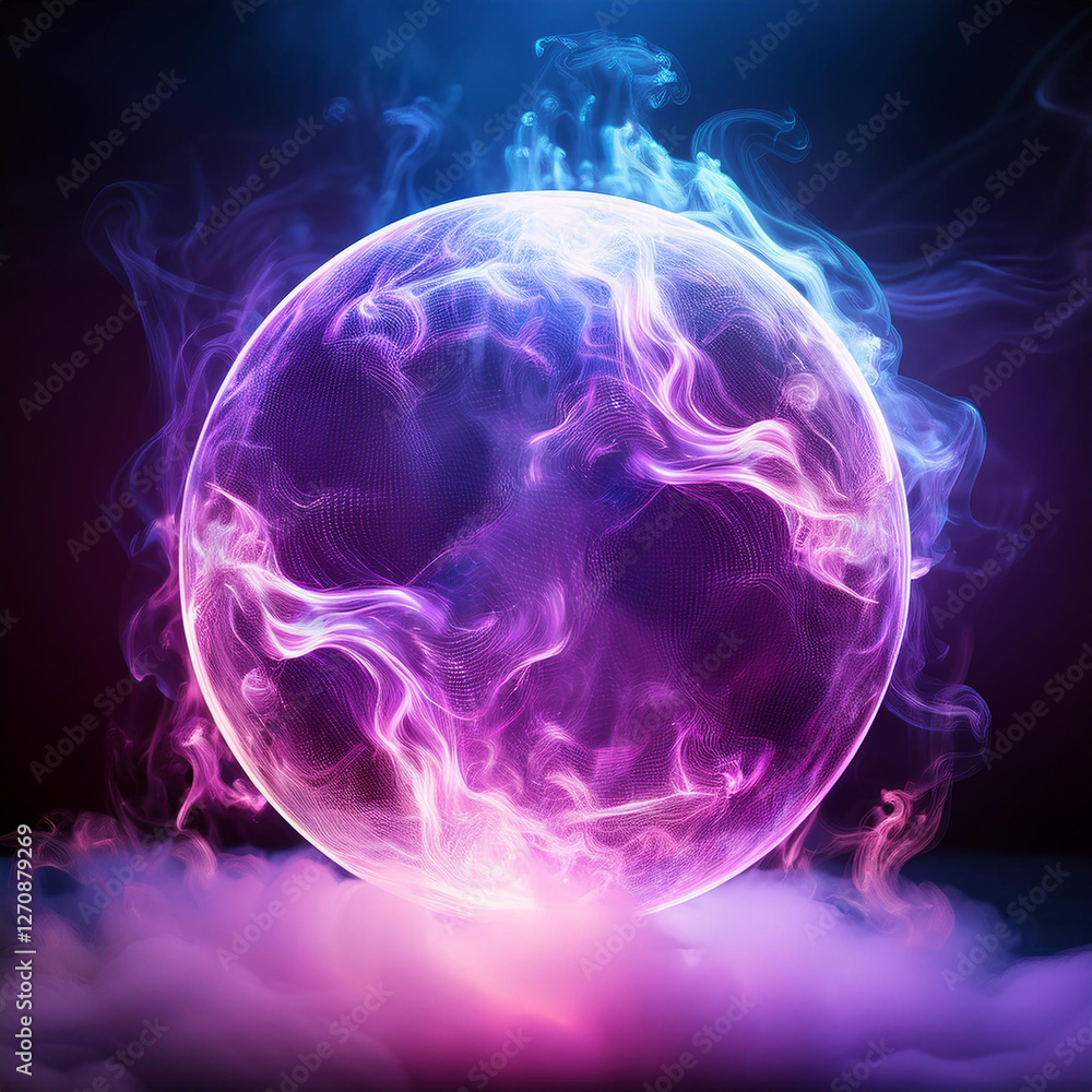 Abstract round magical energy sphere. Glowing electric ball in neon pink purple clouds of smoke. Abstract round magical energy sphere. Glowing electric ball in neon pink purple clouds of smoke.