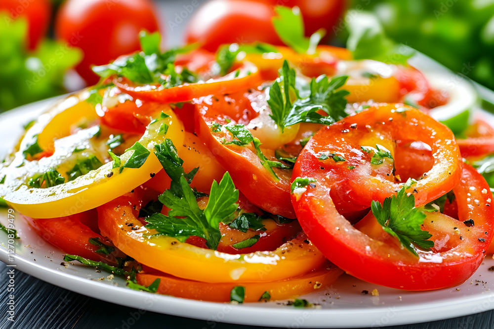 Pepper salad preparation with parsley garnish. Plate on table, blurred background Pepper salad preparation with parsley garnish. Plate on table, blurred background