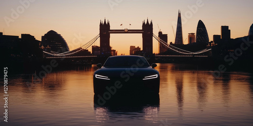 Electric Car Silhouette with London Skyline at Sunset
