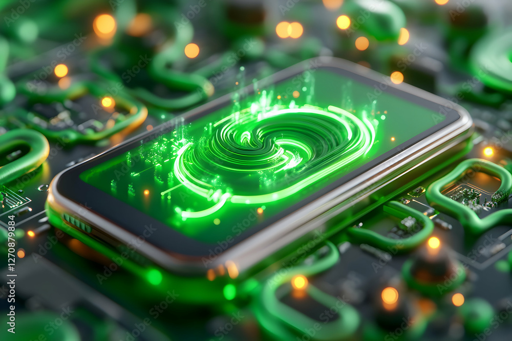 Fototapeta premium Phone showing green energy. Circuit background. For eco tech or energy usage