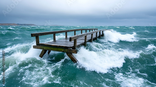 Pier getting hit by waves during storm on a windy day