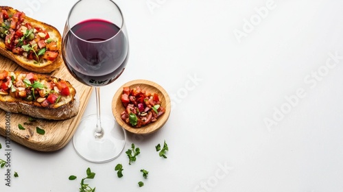 Wallpaper Mural Tasty bruschetta, generously topped with fresh ingredients, is perfectly paired with a glass of rich red wine, creating a delightful experience for a cozy evening gathering Torontodigital.ca