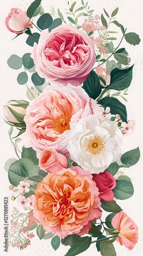 Spring delicate bouquets vector design objects. Peachy and pink roses, peony, carnation, orchid, white poppy, ranunculus flowers, eucalyptus. All elements are isolated and editable