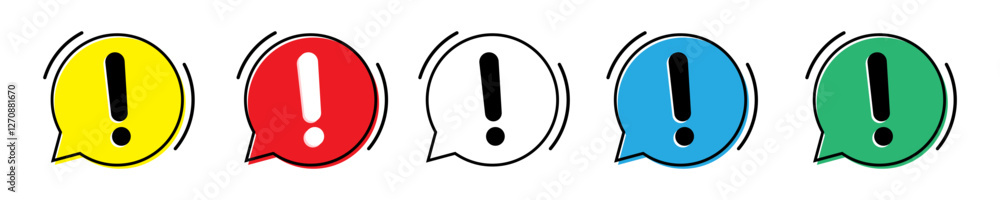 Speech bubble with exclamation mark icon. Set of colored attention signs. Exclamation mark icon. Speech bubble with exclamation mark icon. Set of colored attention signs. Exclamation mark icon.