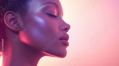 Künstlerisches Afro Beautyportrait im Profil vor rosa Hintergrund mit dramatischer Beleuchtung und Farbverlauf, minimalistischer Stil und weiche Konturen photo