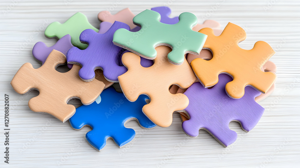 Fototapeta premium Puzzle pieces with pastel colors stacked on a wooden background for concept images