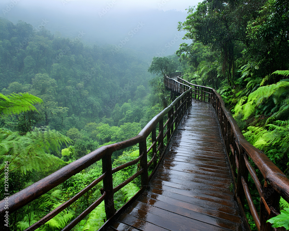 Rainforest trail walk. Scenic natural path winds through a lush, misty forest Rainforest trail walk. Scenic natural path winds through a lush, misty forest