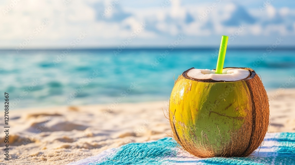 Refreshing Coconut Drink on Sandy Beach with Bright Ocean View Refreshing Coconut Drink on Sandy Beach with Bright Ocean View