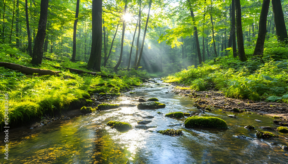 Fototapeta premium River flows through a green forest with sunlight streaming, for nature themes