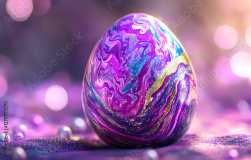 Vibrant purple marbled egg resting on a sparkling surface with colorful reflections and soft lighting. Generative AI photo