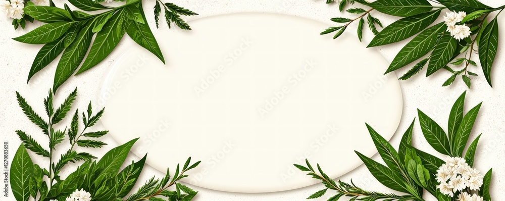 Elegant Floral Frame with Green Leaves and White Flowers on Cream Background Elegant Floral Frame with Green Leaves and White Flowers on Cream Background