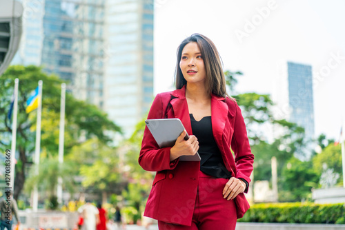 Young Asian Woman Using Tablet in Modern Business District. Confident Professional Female in Red Coat Enjoying Mobile Technology Outdoors