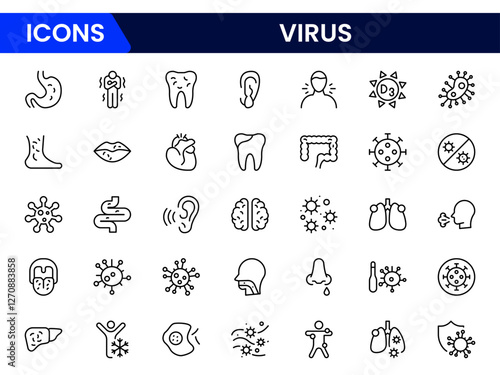 Flu and coronavirus icons set. Collection of linear simple web icons such as hygiene, disinfection, symptoms, treatment, virus, prevention and other.
