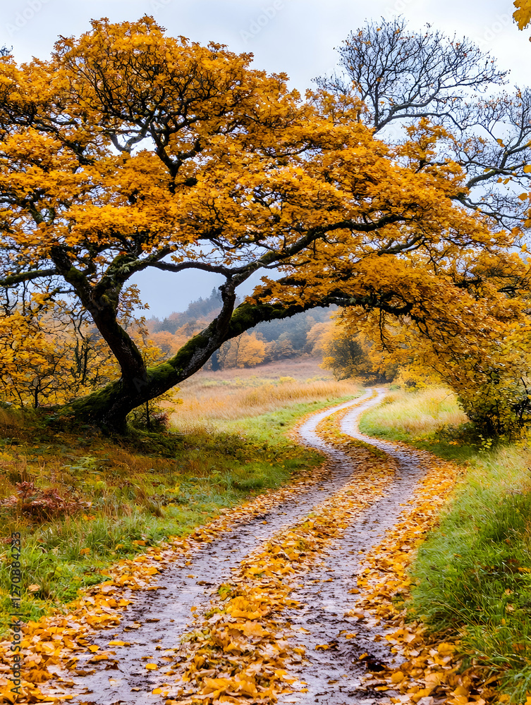 Fototapeta premium Scenic Autumn Path golden leaves covering a winding road through a forest. Editorial