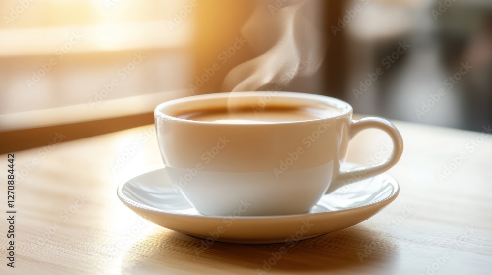 Steaming coffee cup on cafe table, sunny day Steaming coffee cup on cafe table, sunny day