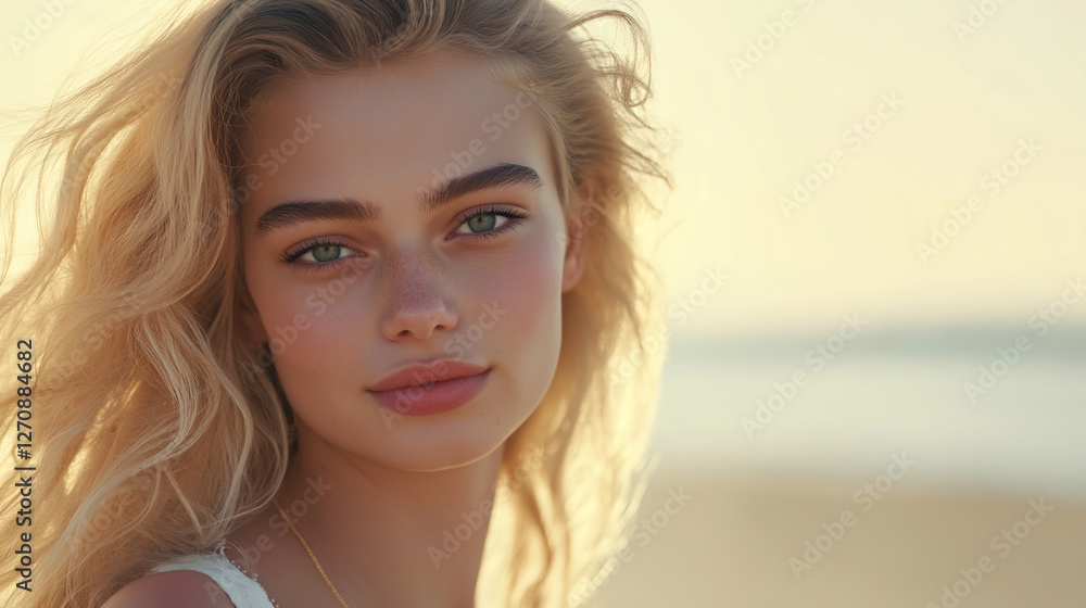 Nahaufnahme einer jungen Frau mit blonden Locken im warmen Abendlicht. Natürliches Beauty-Portrait mit sommerlicher Atmosphäre. Nahaufnahme einer jungen Frau mit blonden Locken im warmen Abendlicht. Natürliches Beauty-Portrait mit sommerlicher Atmosphäre.