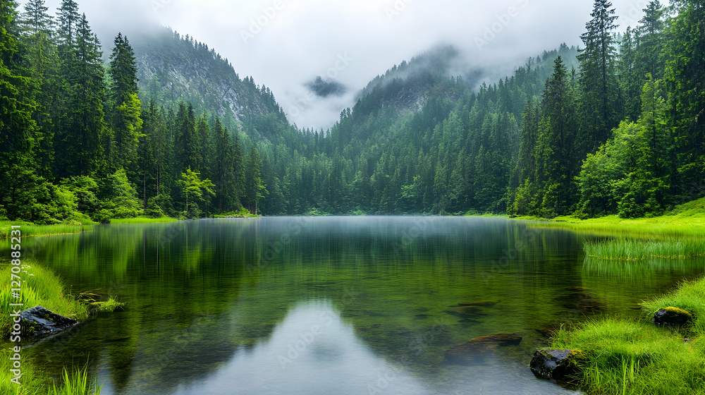 Serene lake reflects forest and mountain in fog. Nature background for print Serene lake reflects forest and mountain in fog. Nature background for print