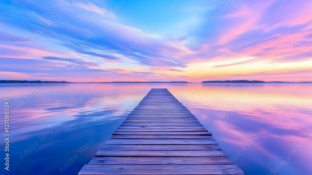 Fototapeta premium Serene lake view with wooden pier at sunset, calm water reflects pastel sky