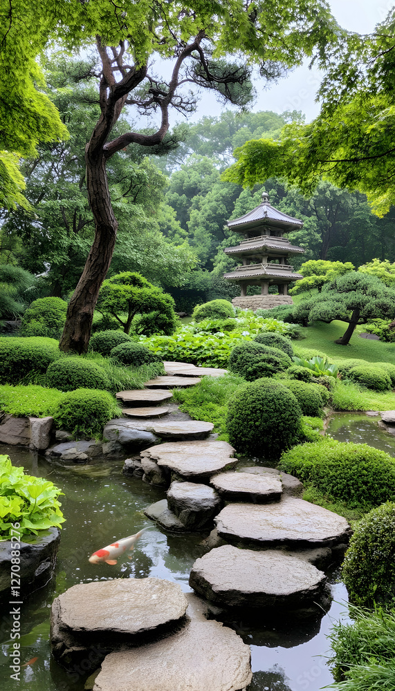 Serene pagoda view in a tranquil garden with koi fish pond and stepping stones Serene pagoda view in a tranquil garden with koi fish pond and stepping stones