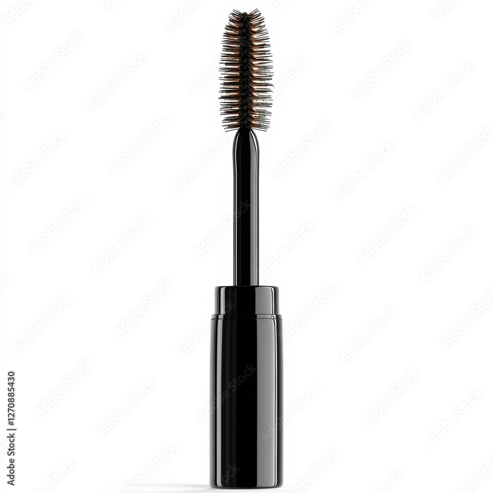 A sleek black mascara tube with a spiral brush, positioned upright against a white background, showcasing its design and functionality. A sleek black mascara tube with a spiral brush, positioned upright against a white background, showcasing its design and functionality.