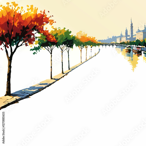 autumn landscape with trees, cityscape, river and boats vector illustration with white area