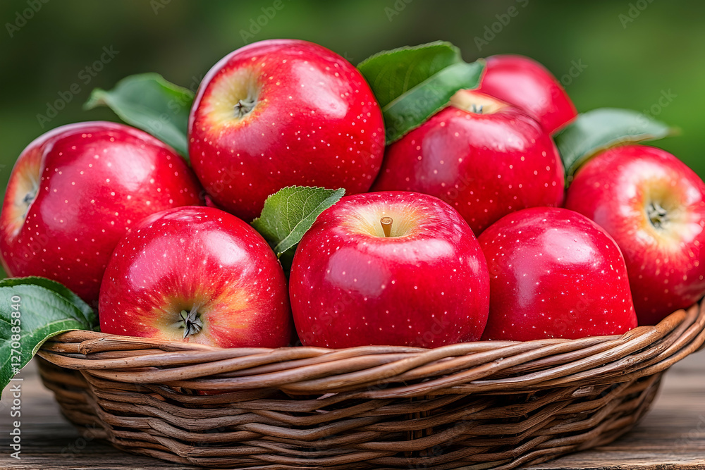 Shiny red apples with leaves in a basket on wood. Healthy food advertisement Shiny red apples with leaves in a basket on wood. Healthy food advertisement