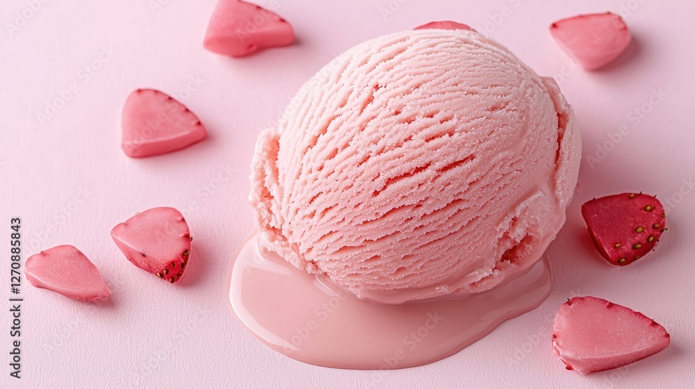 Delicious Pink Strawberry Ice Cream Scoop with Melting Cream and Strawberry Pieces on a Light Background Delicious Pink Strawberry Ice Cream Scoop with Melting Cream and Strawberry Pieces on a Light Background