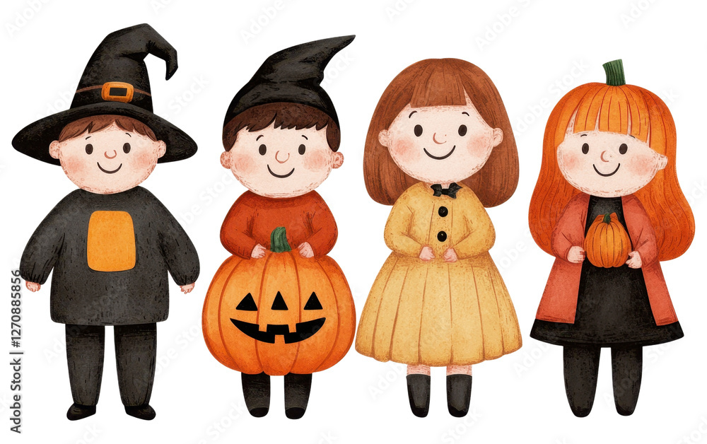Four children in Halloween costumes, cheerful and festive, ready for trick-or-treating. Four children in Halloween costumes, cheerful and festive, ready for trick-or-treating.