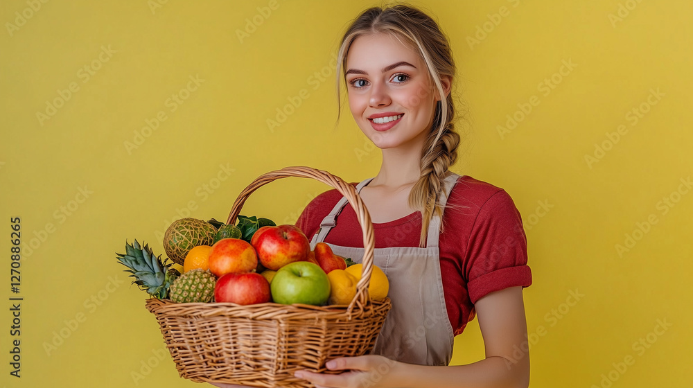 beauty farmer woman holding fruits in basket, marketing photography, happy to sell you a product, standing, smiling on solid background beauty farmer woman holding fruits in basket, marketing photography, happy to sell you a product, standing, smiling on solid background