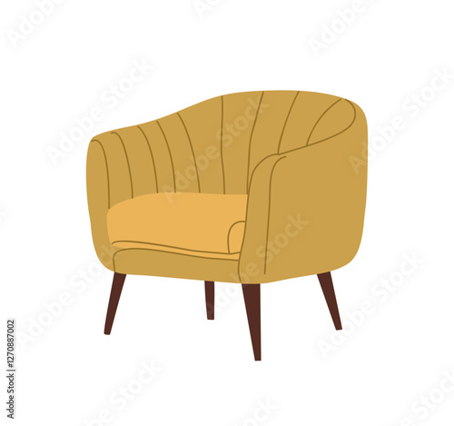 Vintage mid century modern armchair, soft furniture with yellow upholstery and wooden base. Retro 60s, 70s interior design element. Accent arm chair flat Vector illustration