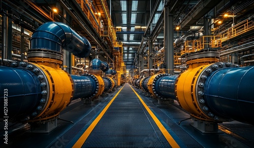 Industrial zone with steel pipelines and blue-toned cables