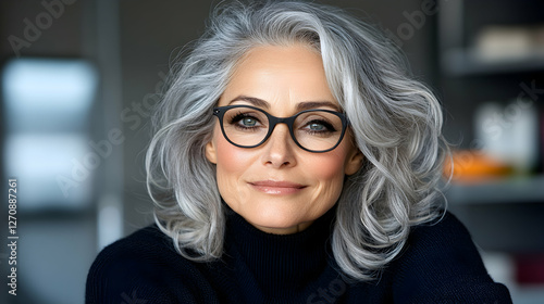 Smiling older woman with gray hair wearing glasses in home, beauty ad possible