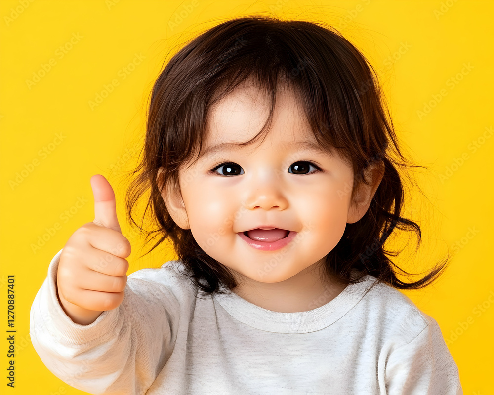 Smiling toddler gives a thumbs up on a yellow background, ideal for advertising Smiling toddler gives a thumbs up on a yellow background, ideal for advertising