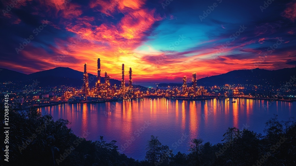 Fototapeta premium Top view of an oil refinery industry zone, showcasing industrial manufacturing and petrochemical activities, with a refinery plant seen during the daytime