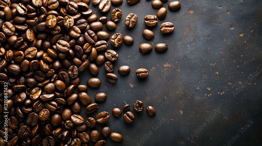Close-up of scattered coffee beans on a dark surface, highlighting texture and color variations Close-up of scattered coffee beans on a dark surface, highlighting texture and color variations