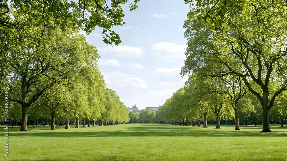 Lush Green Park Landscape with Rows of Trees on a Sunny Day Lush Green Park Landscape with Rows of Trees on a Sunny Day