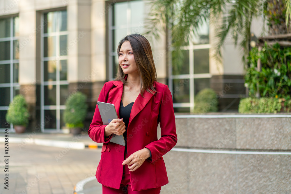Fototapeta premium Confident Asian Businesswoman Holding Tablet Outdoors. Modern Career Woman in Red Suit in Urban Setting