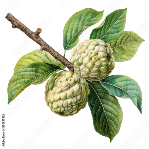 Illustration of green cherimoya fruit on branch with leaves, isolated on white background. photo