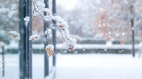 Beautiful snowcovered branch with delicate leaves in a serene winter landscape filled with falling snowflakes : Generative AI photo