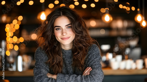 Wallpaper Mural Smiling woman with arms crossed in a café with bright lights. Lifestyle ad Torontodigital.ca
