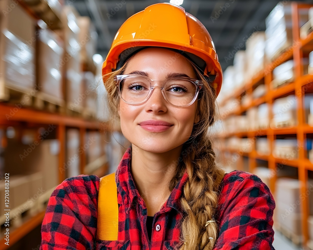 Smiling worker with hardhat and overalls in warehouse with shelves of boxes Smiling worker with hardhat and overalls in warehouse with shelves of boxes