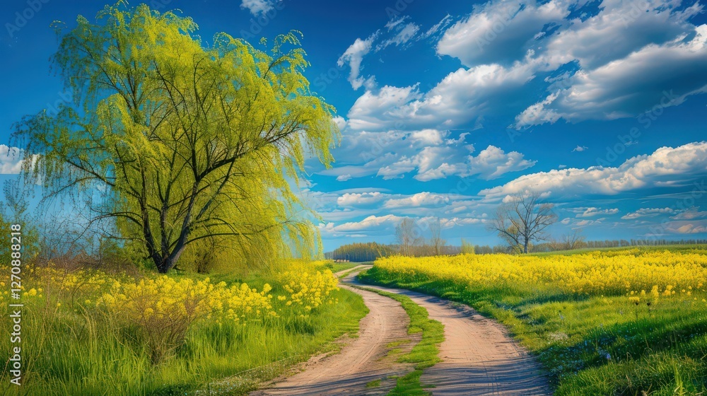 Obraz premium Young green leaves grow on the thin branches of the bushes and fragrant willow flowers bloom on a sunny, fresh spring day. Nature comes to life in spring.