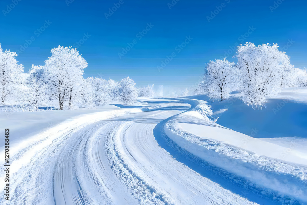 Snowy road curves through frosty trees under bright blue sky on a winter day Snowy road curves through frosty trees under bright blue sky on a winter day