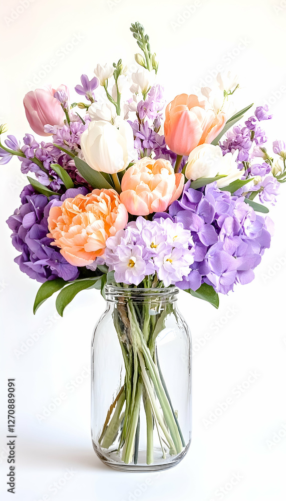 Spring bouquet in glass jar. A gift or decoration. Pastel colors and white background Spring bouquet in glass jar. A gift or decoration. Pastel colors and white background