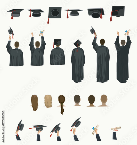 set for graduation essentials. figures character standing from behind gestrues university college diplom traditional school ceremony