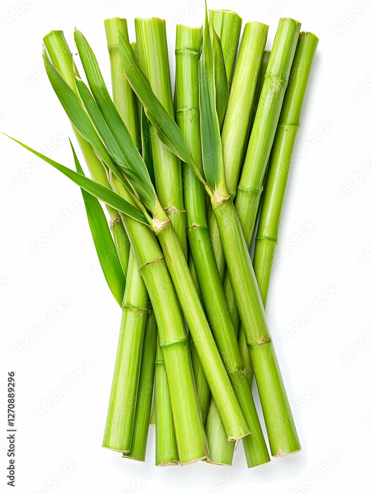 Obraz premium Stacked green bamboo culms with leaves isolated on white. Background for spa