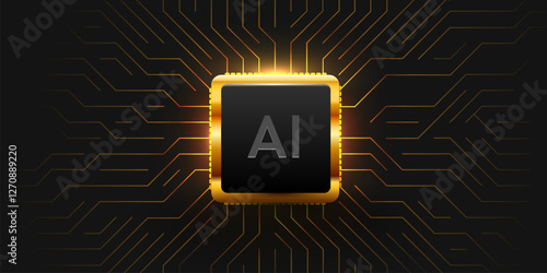 Glowing AI golden chip on circuit board. Technology background. CPU processor on tech bg. Computer microchip on motherboard. Vector illustration