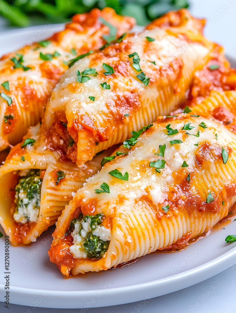 Stuffed pasta shells topped with melted cheese and tomato sauce, parsley, and basil Stuffed pasta shells topped with melted cheese and tomato sauce, parsley, and basil